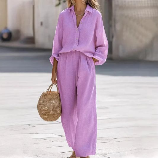 2 Pieces Women Sets 2026 New Casual Lapel Long-Sleeved Shirt + Long Pants Cotton Suit Sets Women's Clothing