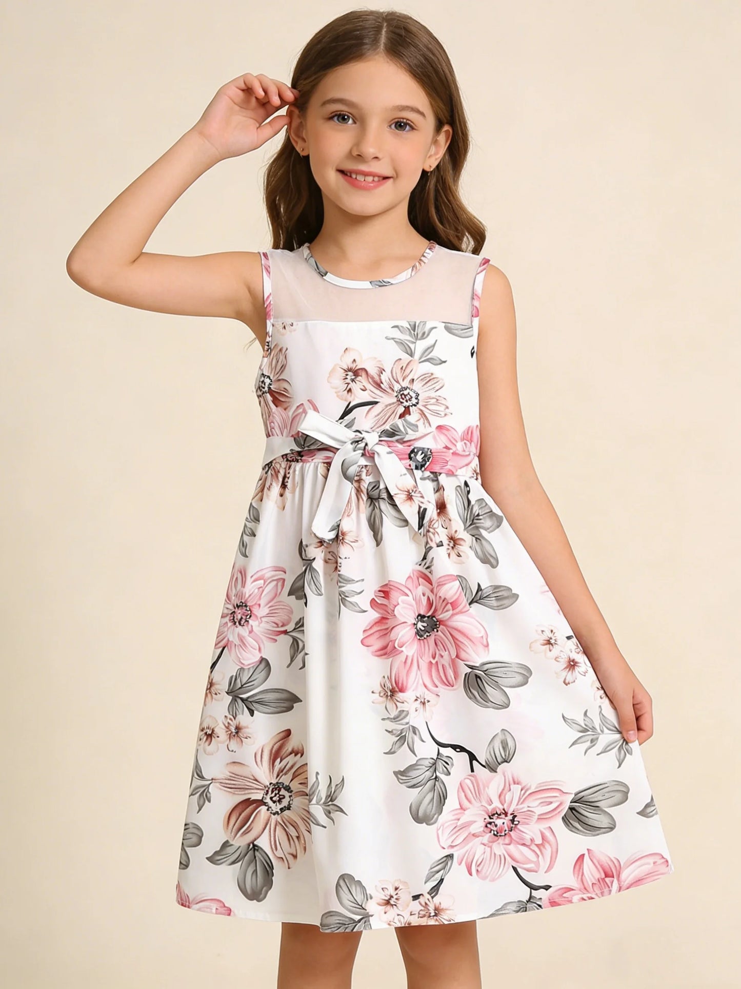 Girls Floral Print Sleeveless Lace Dress 🌸