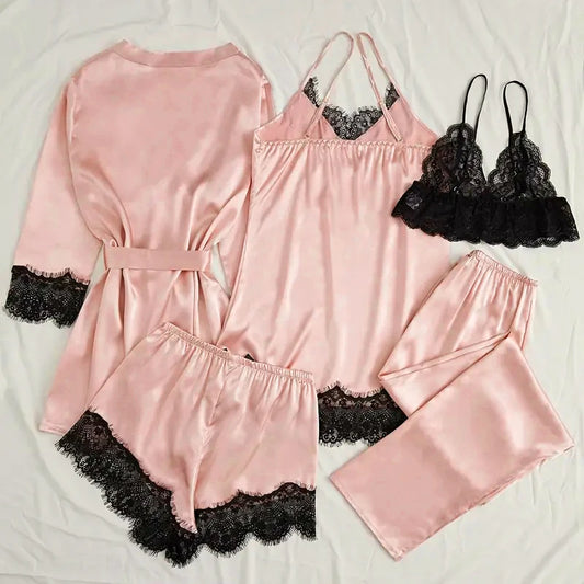 Women's Satin Sleepwear Set โ Lace Robe & Pajamas