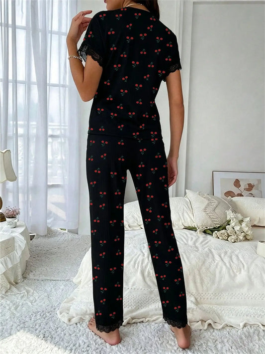 Women's Cherry Print Lace Trim Pajama Set