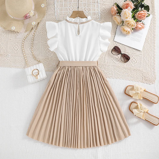 irls White & Khaki Party Dress with Bow (8โ12Y) โจ
