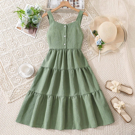 Girls 8โ12Y Green Sleeveless Tiered Dress with Back Bow