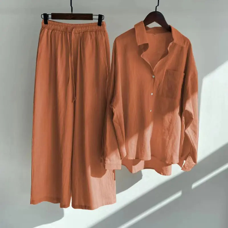 2 pieces women sets 2026 retro solid colorcotton linen shirt+high-waisted loose trousers sets women's clothing
