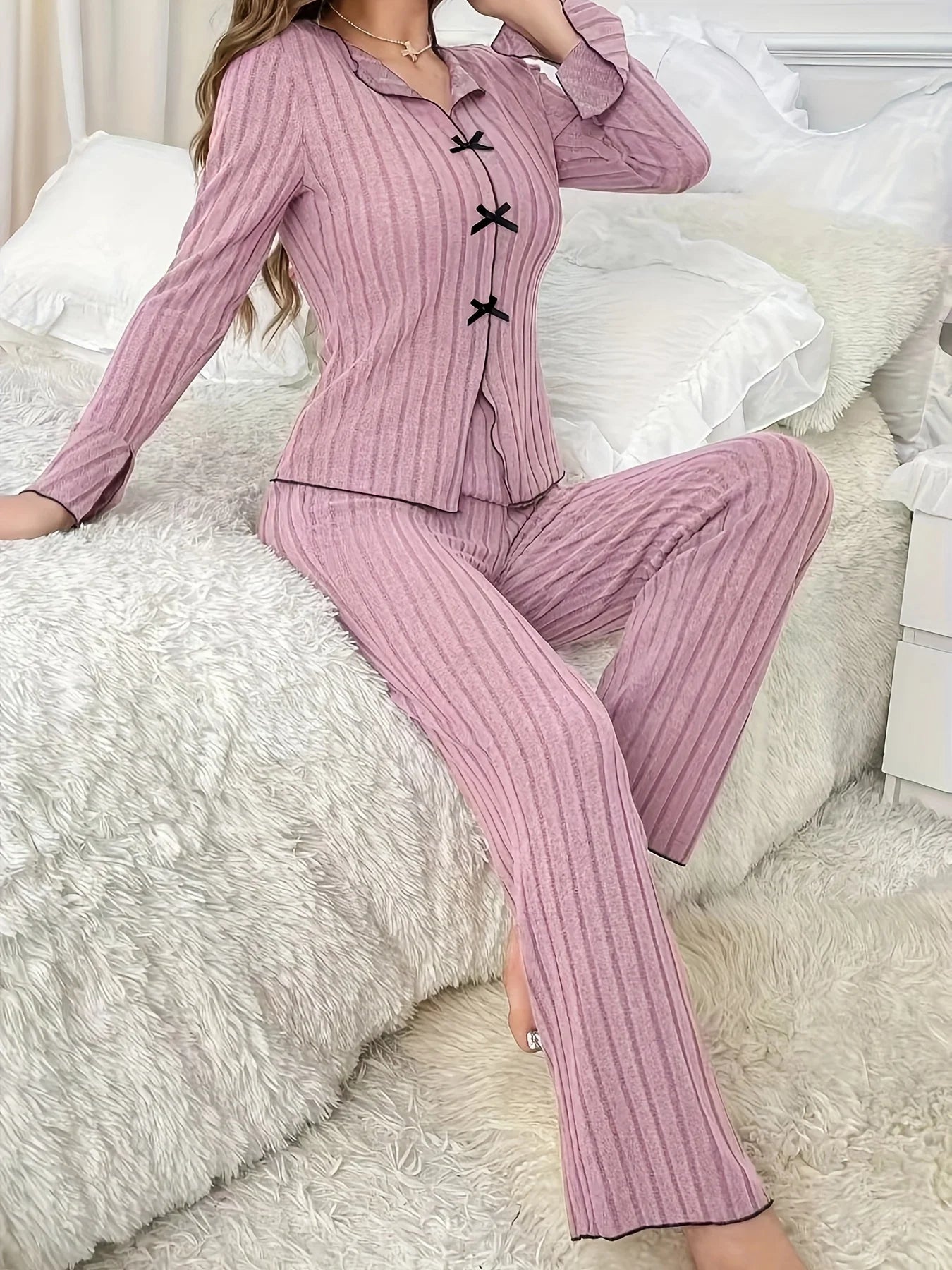 Women's Bow Pajama Set Long Sleeve & Pants