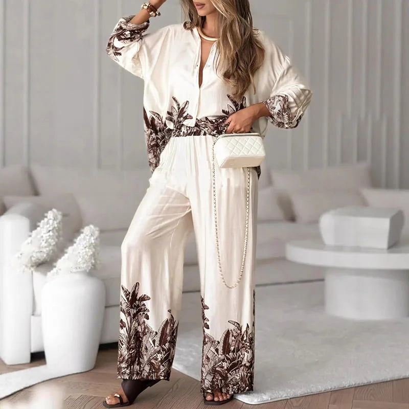 Women's Printed Shirt & Wide Leg Pants Set