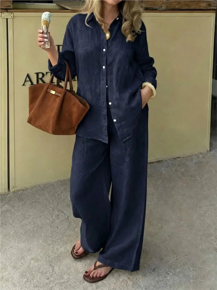 Women's Linen Shirt & Wide Leg Pants Set