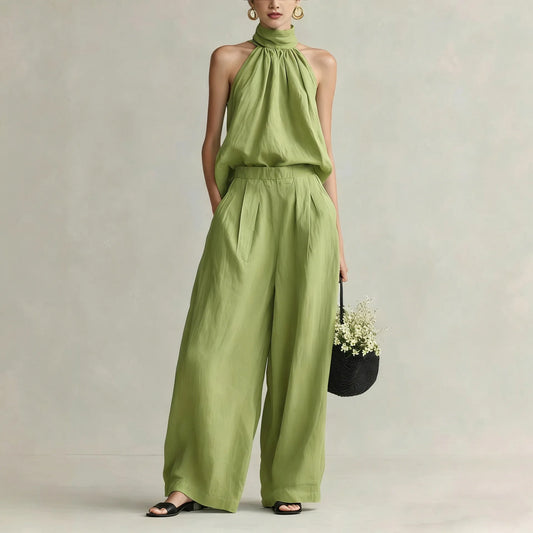 Women's 2026 Summer New Style Sleeveless Neck-Hanging Top + High-Waisted Drapey Wide-Leg Pants Leisure Set