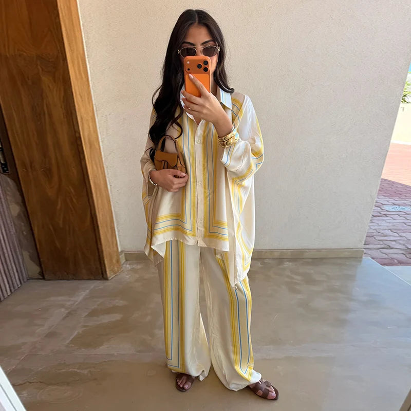 Women's Striped Shirt & Wide Leg Pants Set
