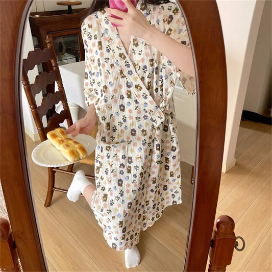 Women's Cotton Night Robe โ Half Sleeve Dressing Gown