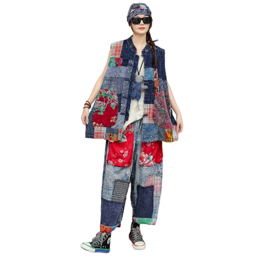 Artistic Tie-Dye Fabric Patchwork Floral Outfit Women Summer Cardigan Loose Vest + Large Pockets Pant Two Piece Set ZF2280