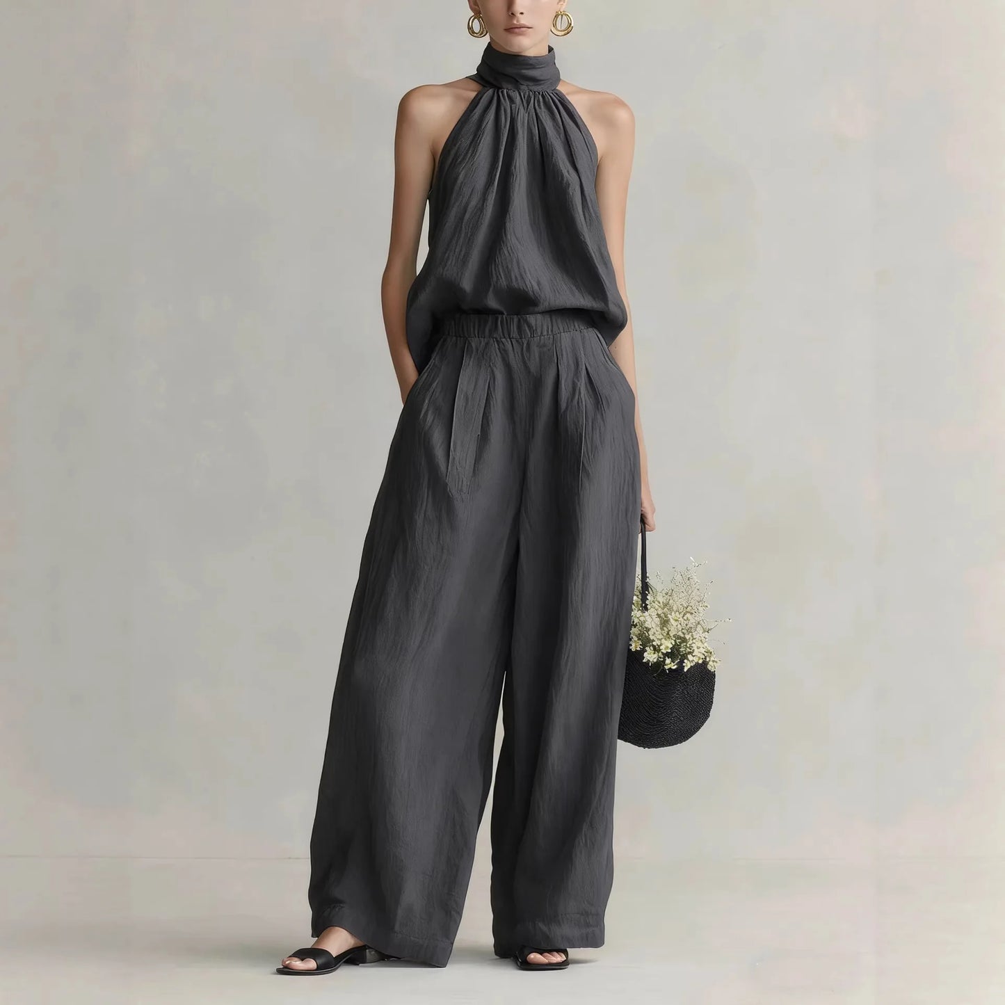 Women's 2026 Summer New Style Sleeveless Neck-Hanging Top + High-Waisted Drapey Wide-Leg Pants Leisure Set