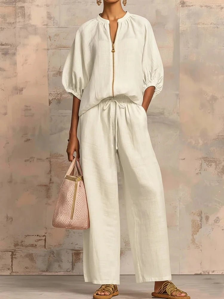 Fashion Simple Solid Wide Leg Pant Outfits Elegant Zip Drawstring Loose Suit Casual O-neck Half Sleeve Shirt with Pants 2Pc Set