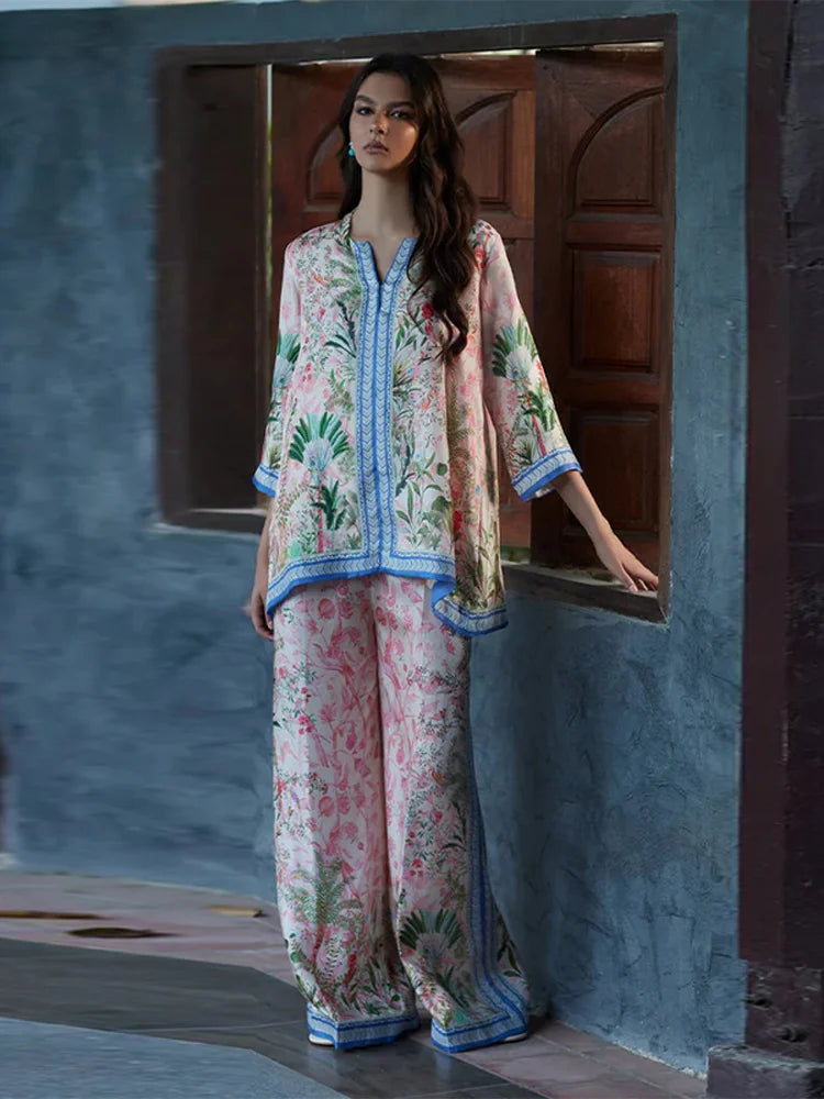Women's Printed V-Neck Top & Wide Leg Pants Set