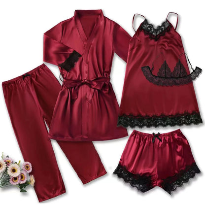 Women's Satin Sleepwear Set – Lace Robe & Pajamas