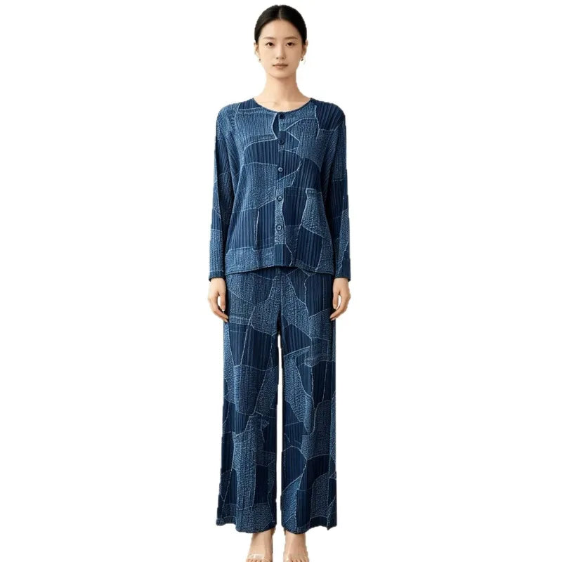 Women's Pleated Cardigan & Wide Leg Pants Set