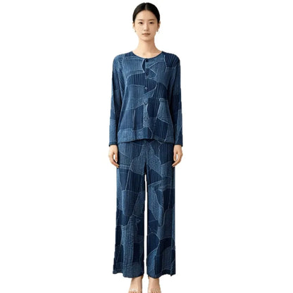 Women's Pleated Cardigan & Wide Leg Pants Set