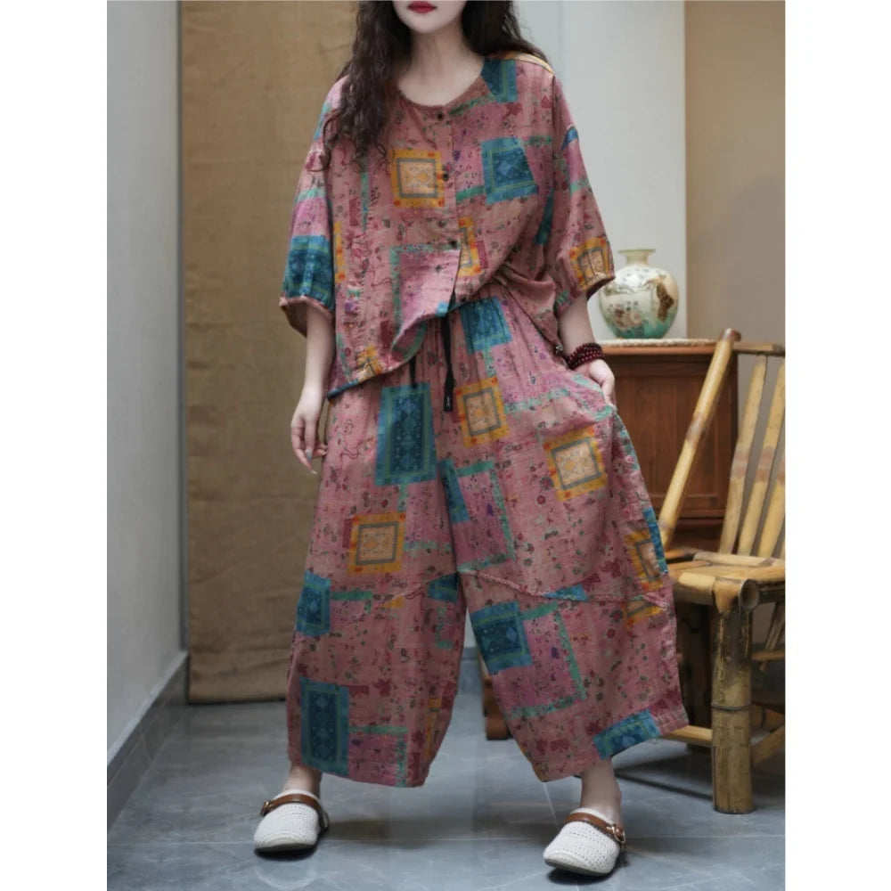 Printed Thin Suit Women Summer Loose Casual Linen Plus-size Ethnic Style Color-blocked Top + Pants Two Piece Set XY405