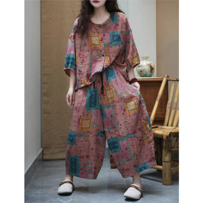 Printed Thin Suit Women Summer Loose Casual Linen Plus-size Ethnic Style Color-blocked Top + Pants Two Piece Set XY405