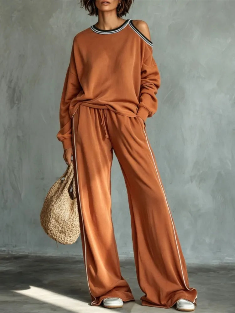 Women's Off-Shoulder Sweatshirt & Wide Leg Pants Set