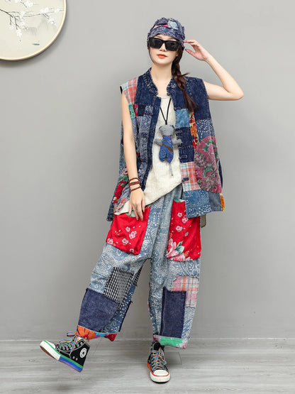 Artistic Tie-Dye Fabric Patchwork Floral Outfit Women Summer Cardigan Loose Vest + Large Pockets Pant Two Piece Set ZF2280