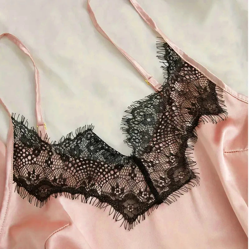 Women's Satin Sleepwear Set – Lace Robe & Pajamas