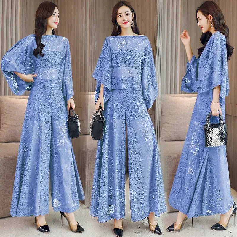 Women's Lace Shawl & Wide Leg Pants Set