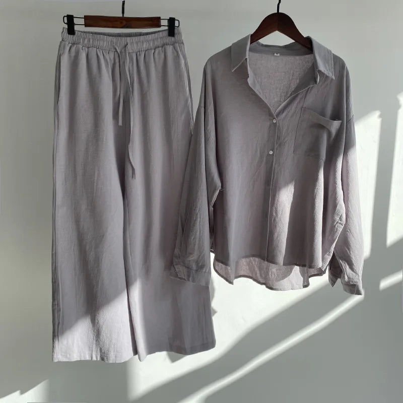 2 pieces women sets 2026 retro solid colorcotton linen shirt+high-waisted loose trousers sets women's clothing