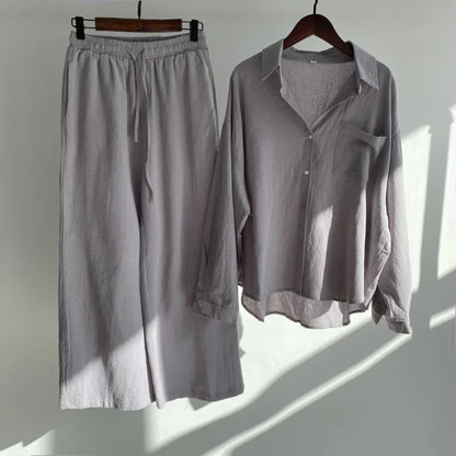2 pieces women sets 2026 retro solid colorcotton linen shirt+high-waisted loose trousers sets women's clothing