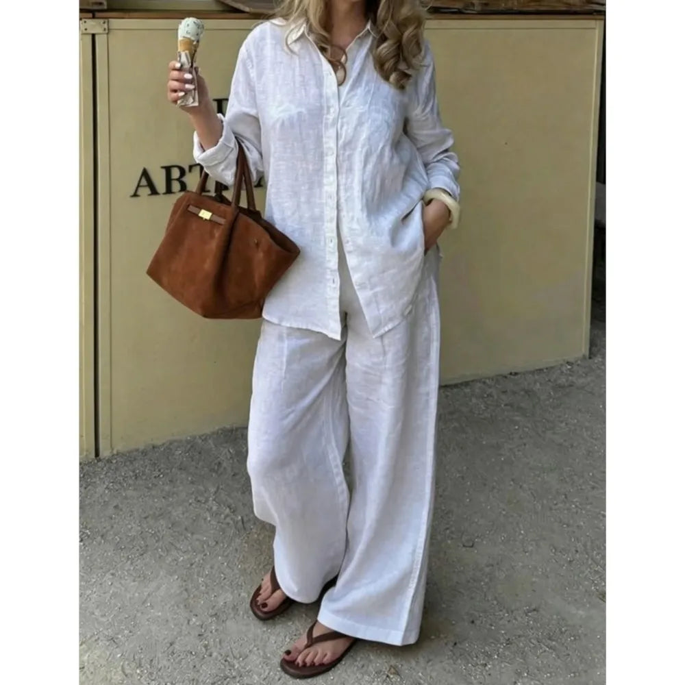 Women's Linen Shirt & Wide Leg Pants Set