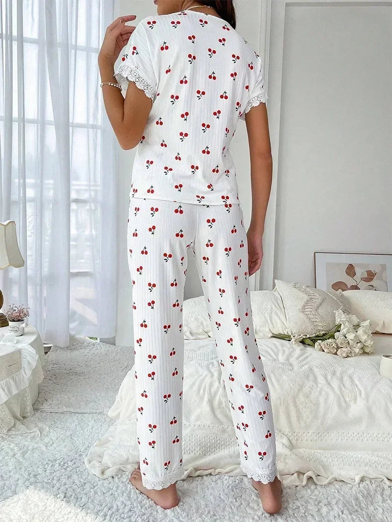 Women's Cherry Print Lace Trim Pajama Set