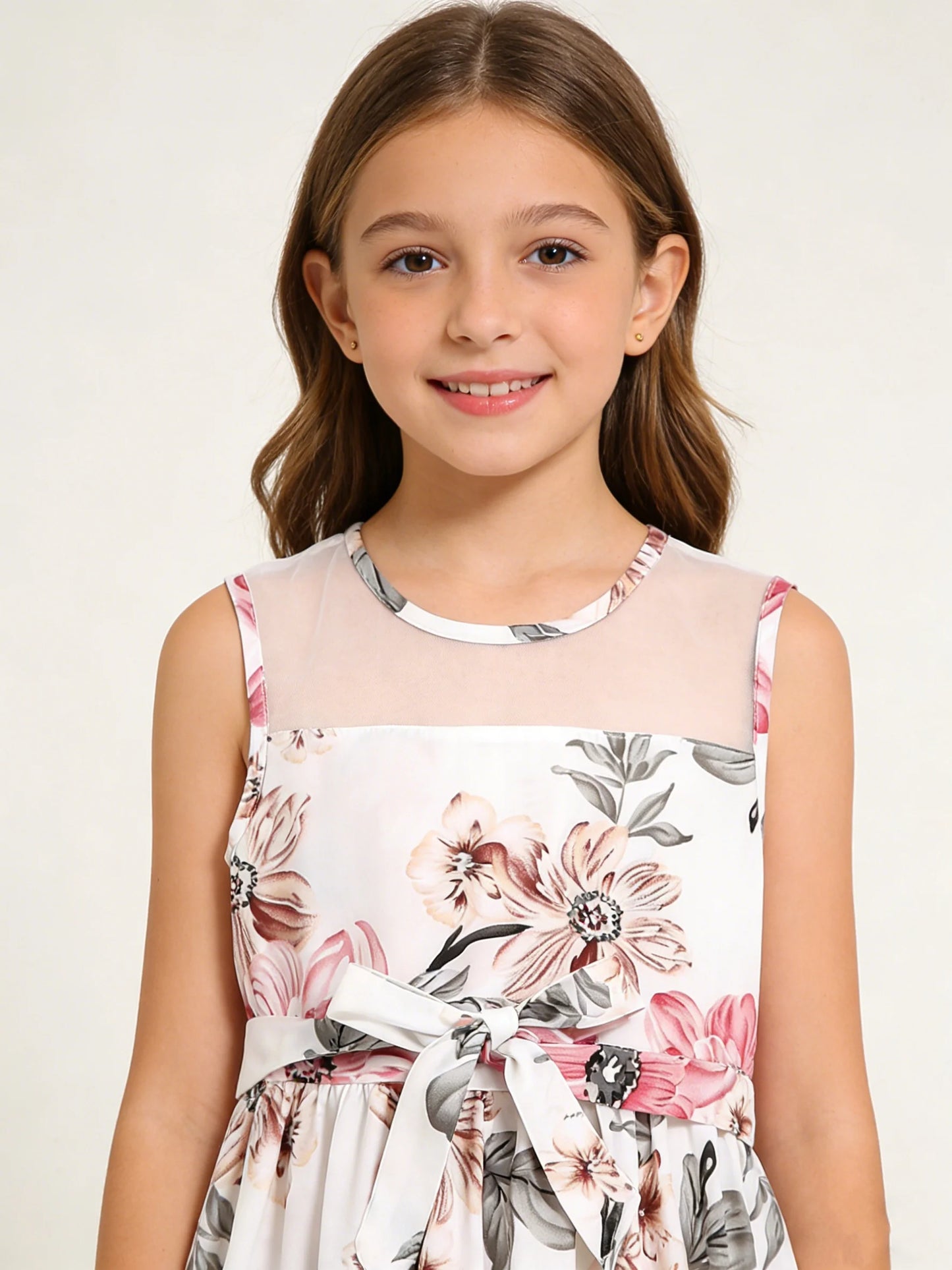 Girls Floral Print Sleeveless Lace Dress 🌸