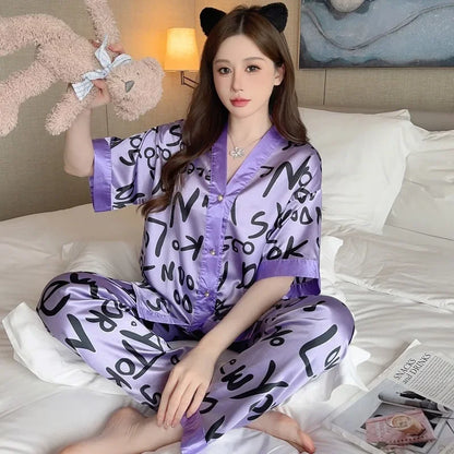 Women's Silk Pajama Set Button-Up V-Neck Printed Sleepwear