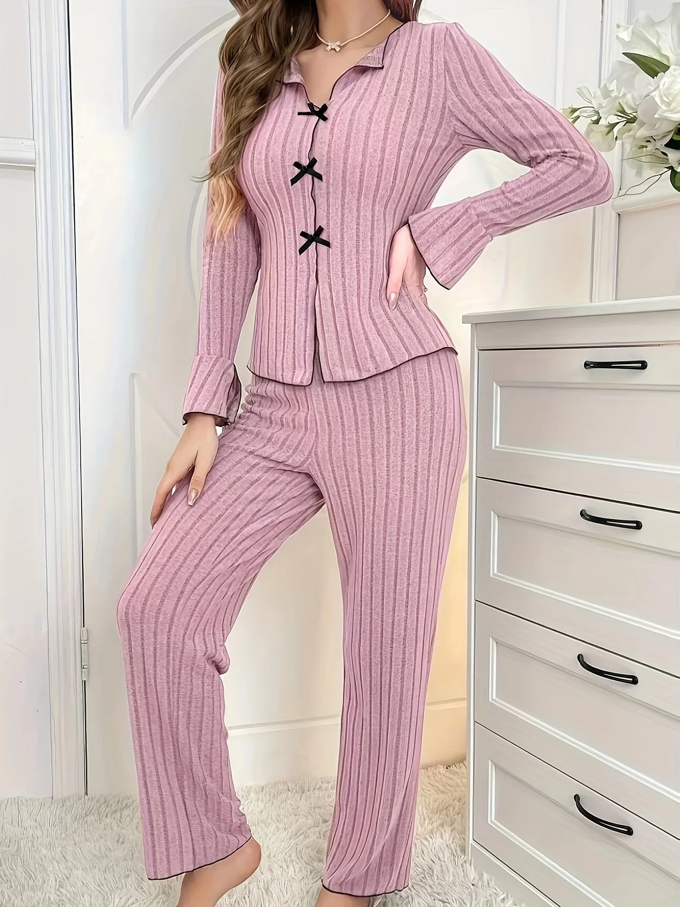 Women's Bow Pajama Set Long Sleeve & Pants