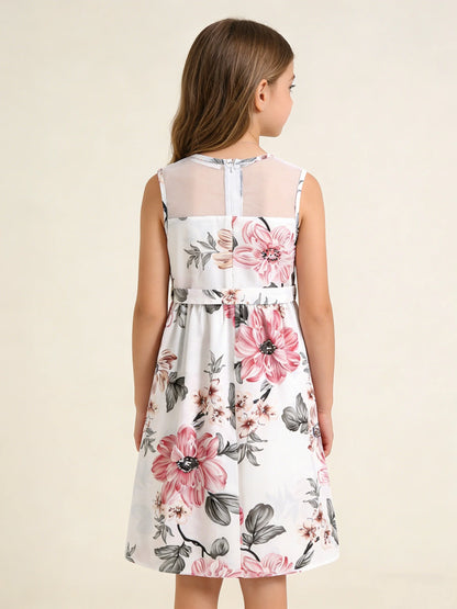 Girls Floral Print Sleeveless Lace Dress 🌸