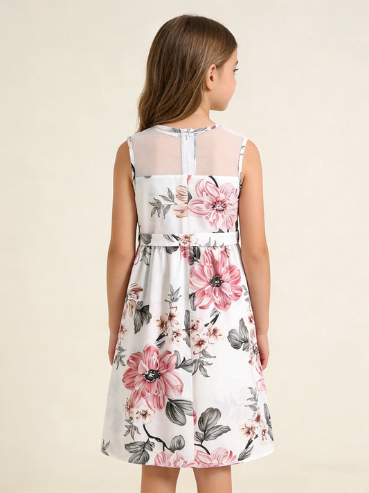 Girls Floral Print Sleeveless Lace Dress 🌸