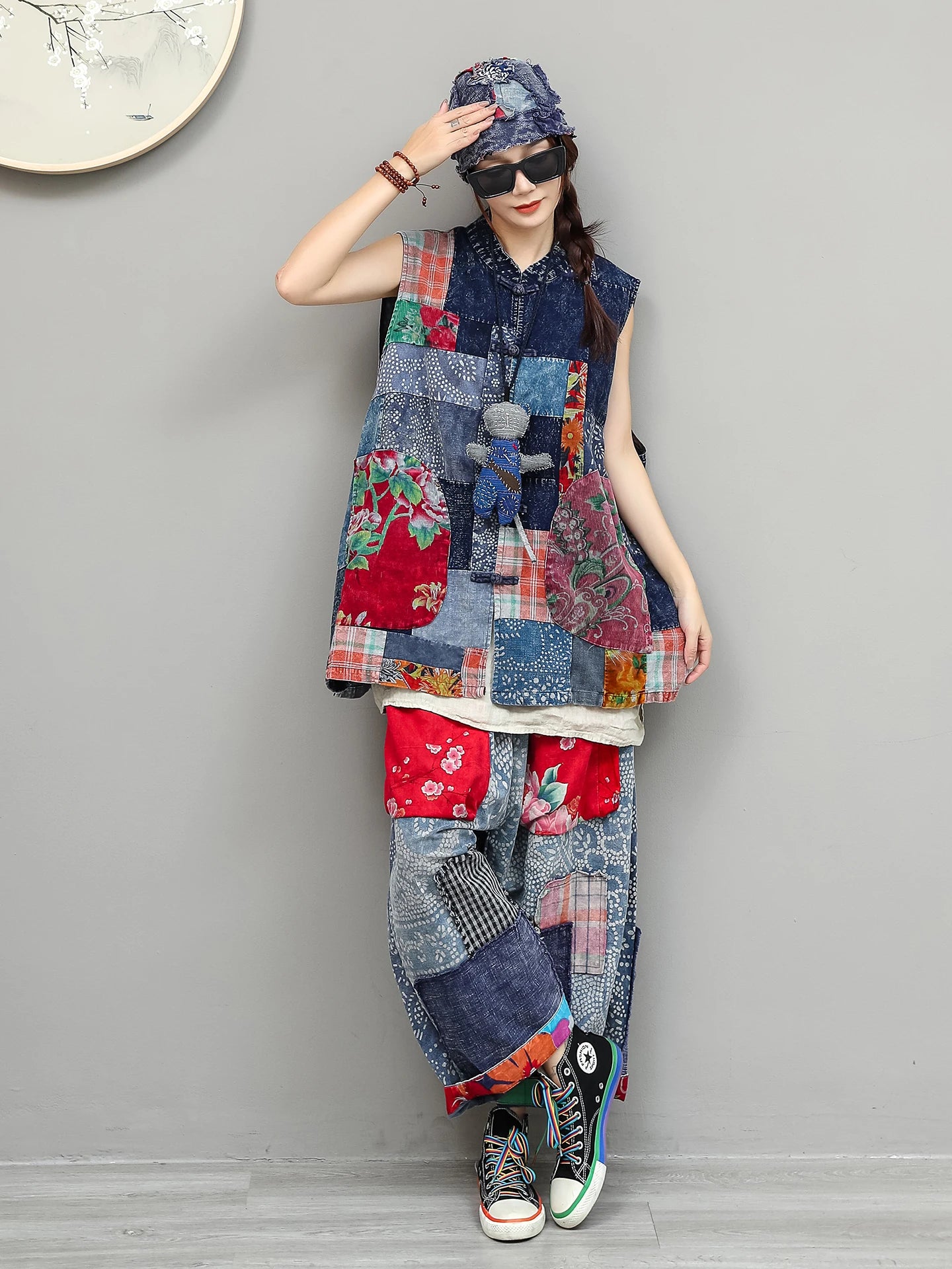 Artistic Tie-Dye Fabric Patchwork Floral Outfit Women Summer Cardigan Loose Vest + Large Pockets Pant Two Piece Set ZF2280