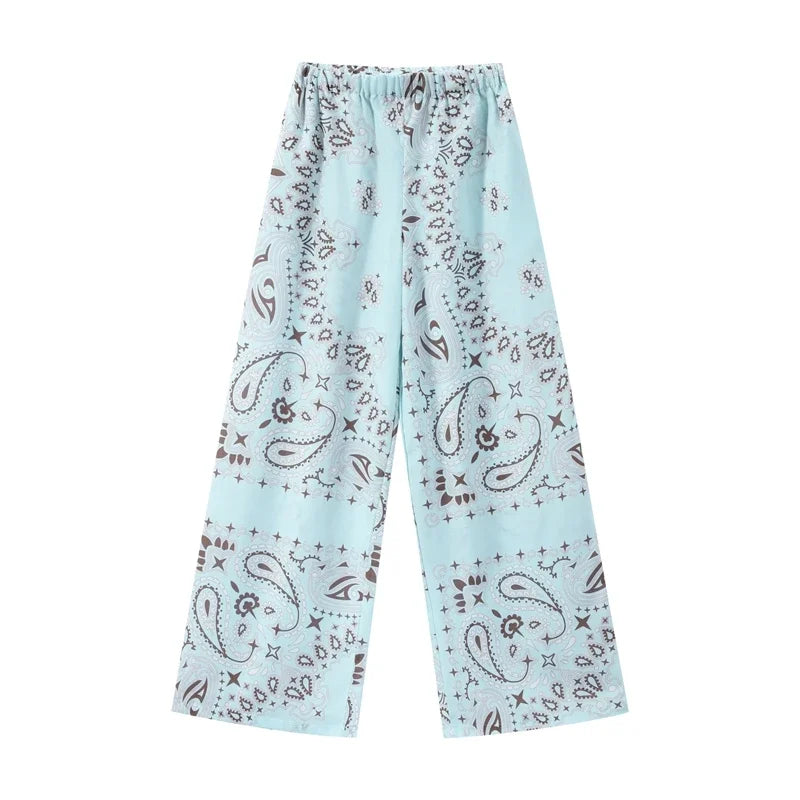 Women's Printed Lace-Up Shirt & Wide Leg Pants Set