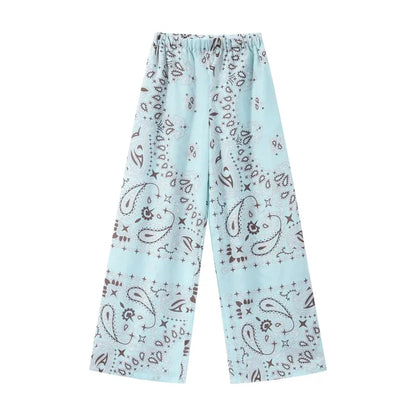 Women's Printed Lace-Up Shirt & Wide Leg Pants Set