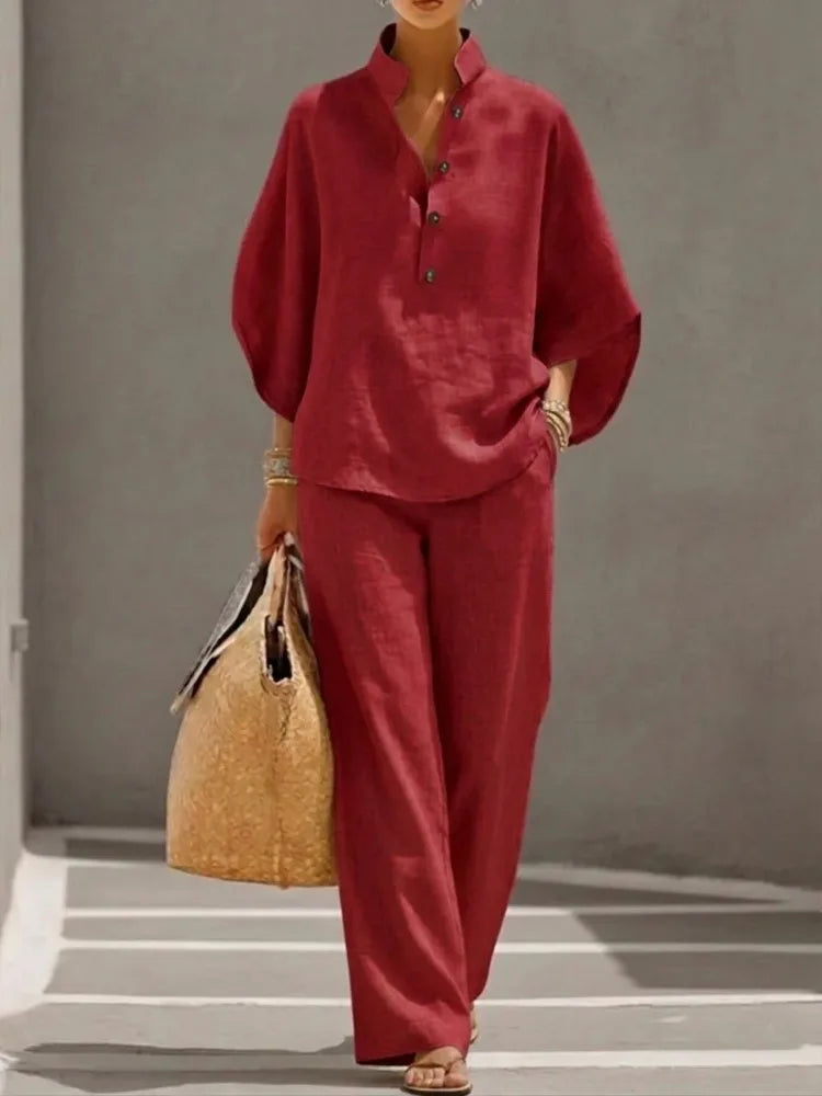 2026 Summer Fashion New Women's Cotton and Hemp Two Piece Set Single Breasted Half Open Half Sleeved Top Pants Commuter Set