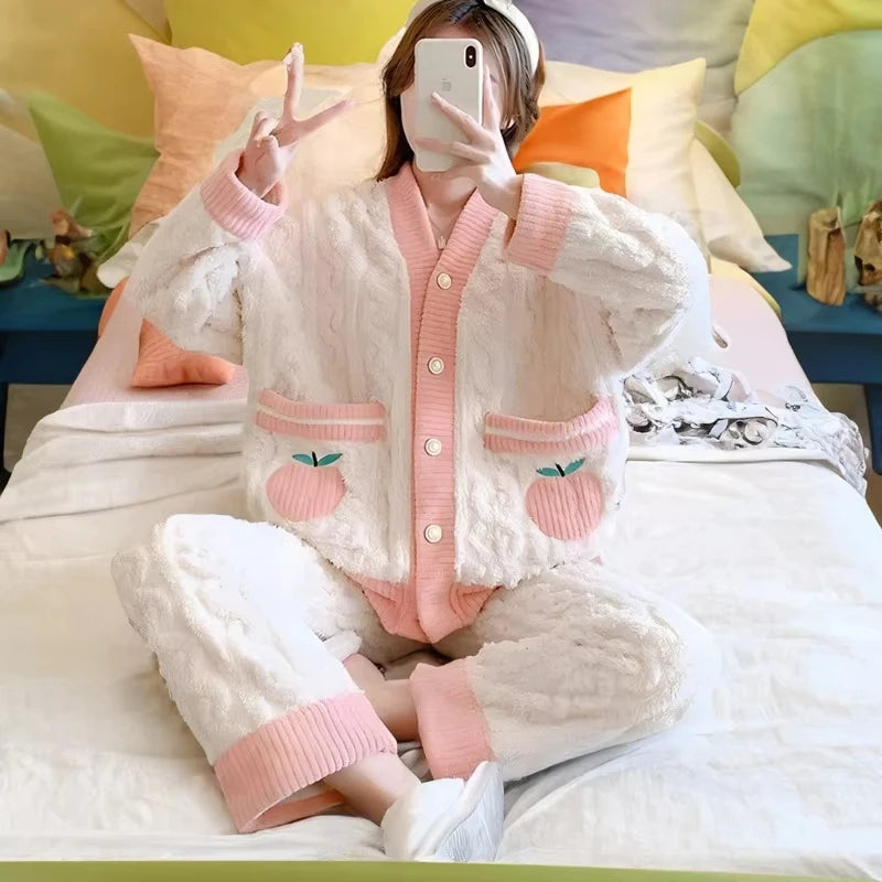 Women's Thick Flannel Coral Fleece Pajama Set