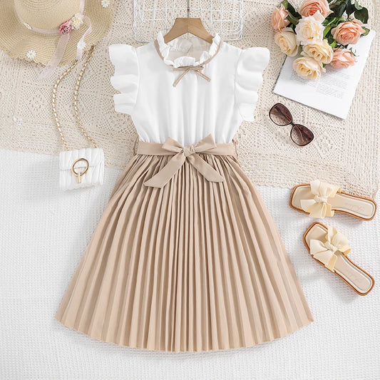 irls White & Khaki Party Dress with Bow (8–12Y) ✨