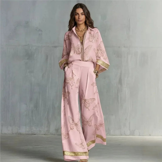 Retro Butterfly Print 2 Piece Set Lapel Zipper Solid Shirt Top + Wide Leg Trousers Holiday  Pants Set Matching Suit Outfit 2026