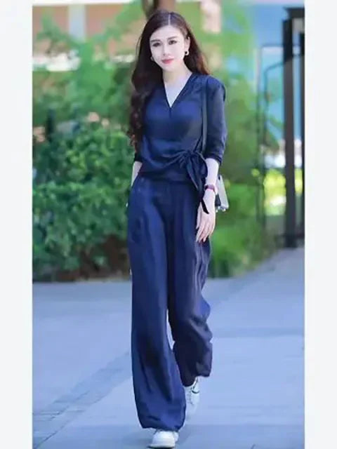 Women's V-Neck Shirt & Wide Leg Pants Set