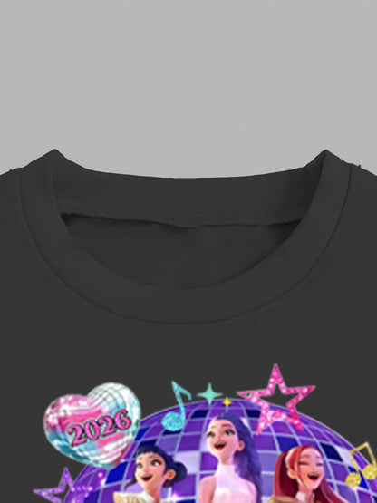 Girls Black Graphic Tee & Star Flared Pants Set