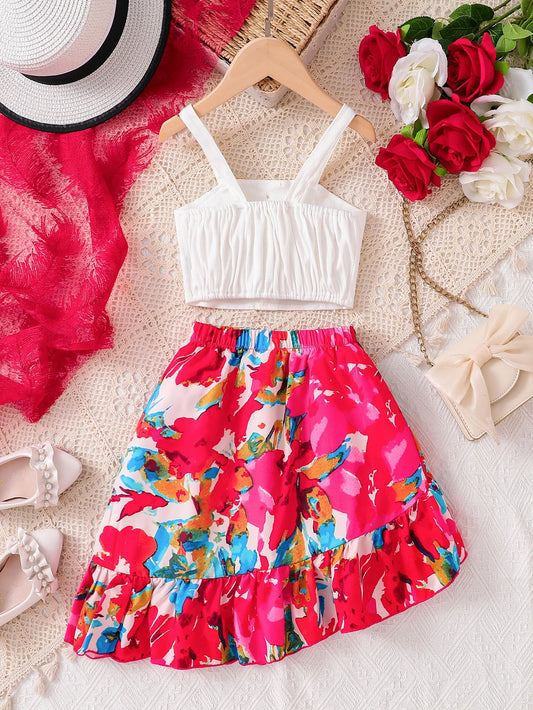 Girls Floral Skirt & Knit Cami 2-Piece Set