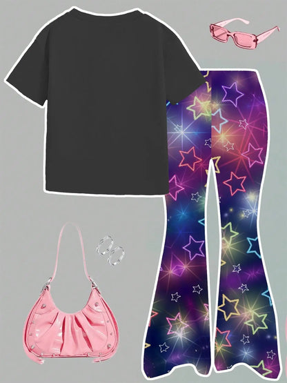 Girls Black Graphic Tee & Star Flared Pants Set