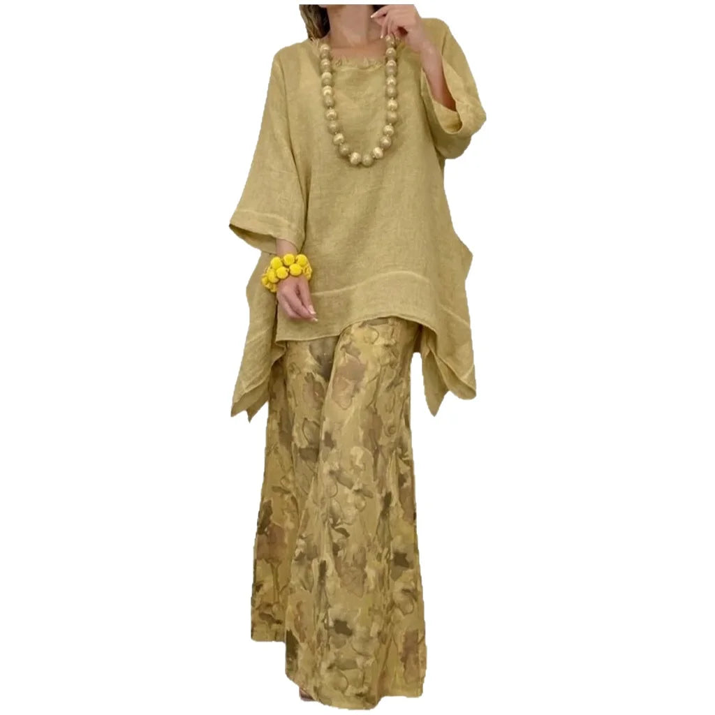 Women's Floral Linen Top & Wide Leg Pants Set
