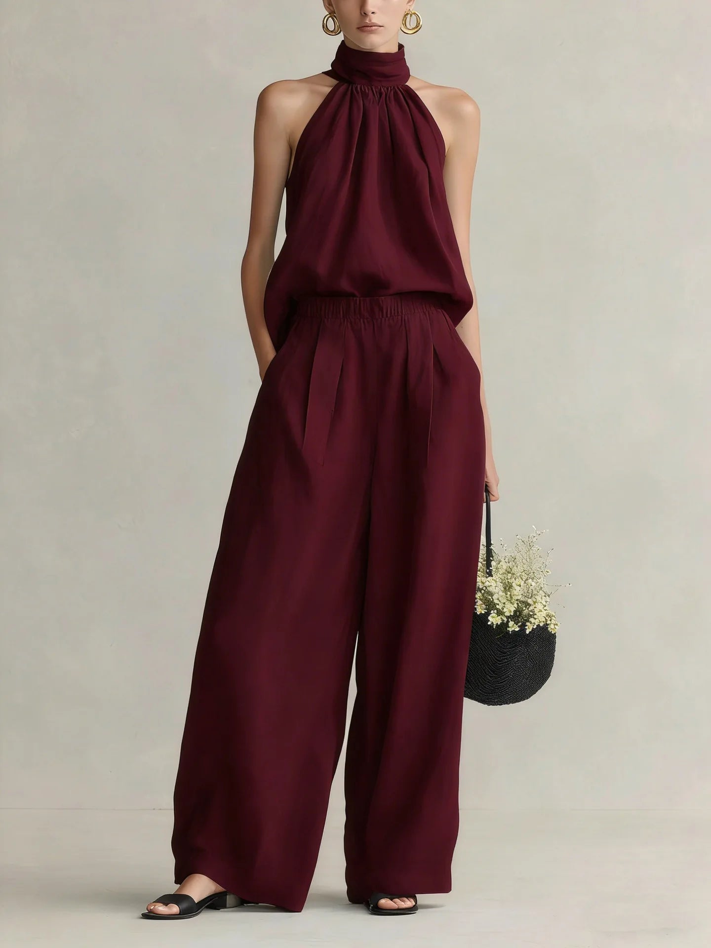 Women's 2026 Summer New Style Sleeveless Neck-Hanging Top + High-Waisted Drapey Wide-Leg Pants Leisure Set