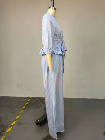 Women's Striped V-Neck Shirt & Wide Leg Pants Set