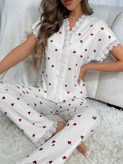 Women's Cherry Print Lace Trim Pajama Set
